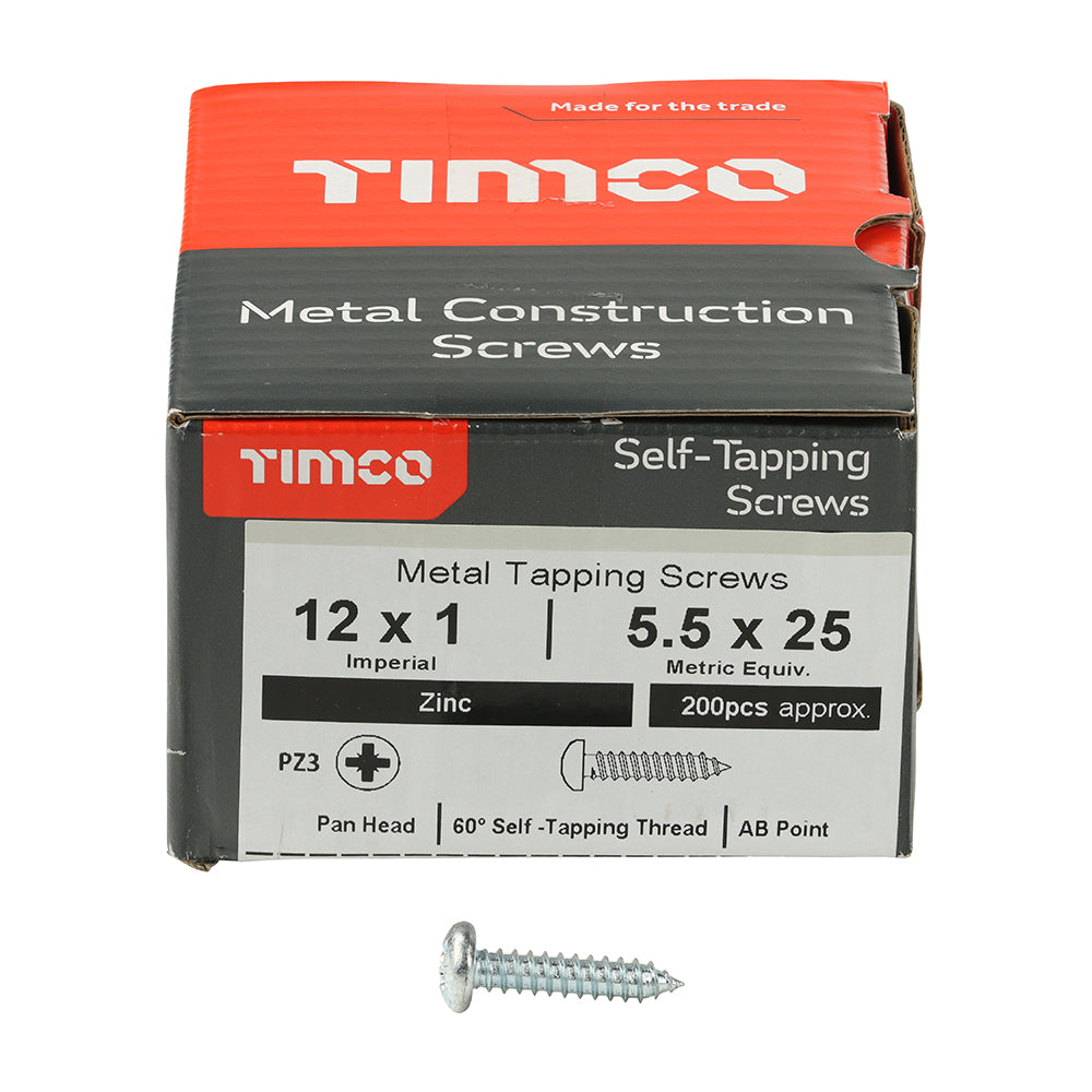 This is an image showing TIMCO Metal Tapping Screws - PZ - Pan - Self-Tapping - Zinc - 12 x 1 - 200 Pieces Box available from T.H Wiggans Ironmongery in Kendal, quick delivery at discounted prices.