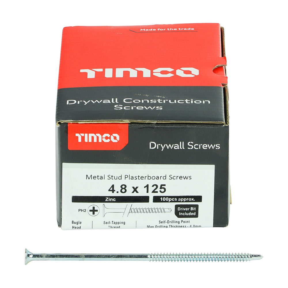 This is an image showing TIMCO Drywall Screws - PH - Bugle - Self Drilling - Zinc - 4.8 x 125 - 100 Pieces Box available from T.H Wiggans Ironmongery in Kendal, quick delivery at discounted prices.