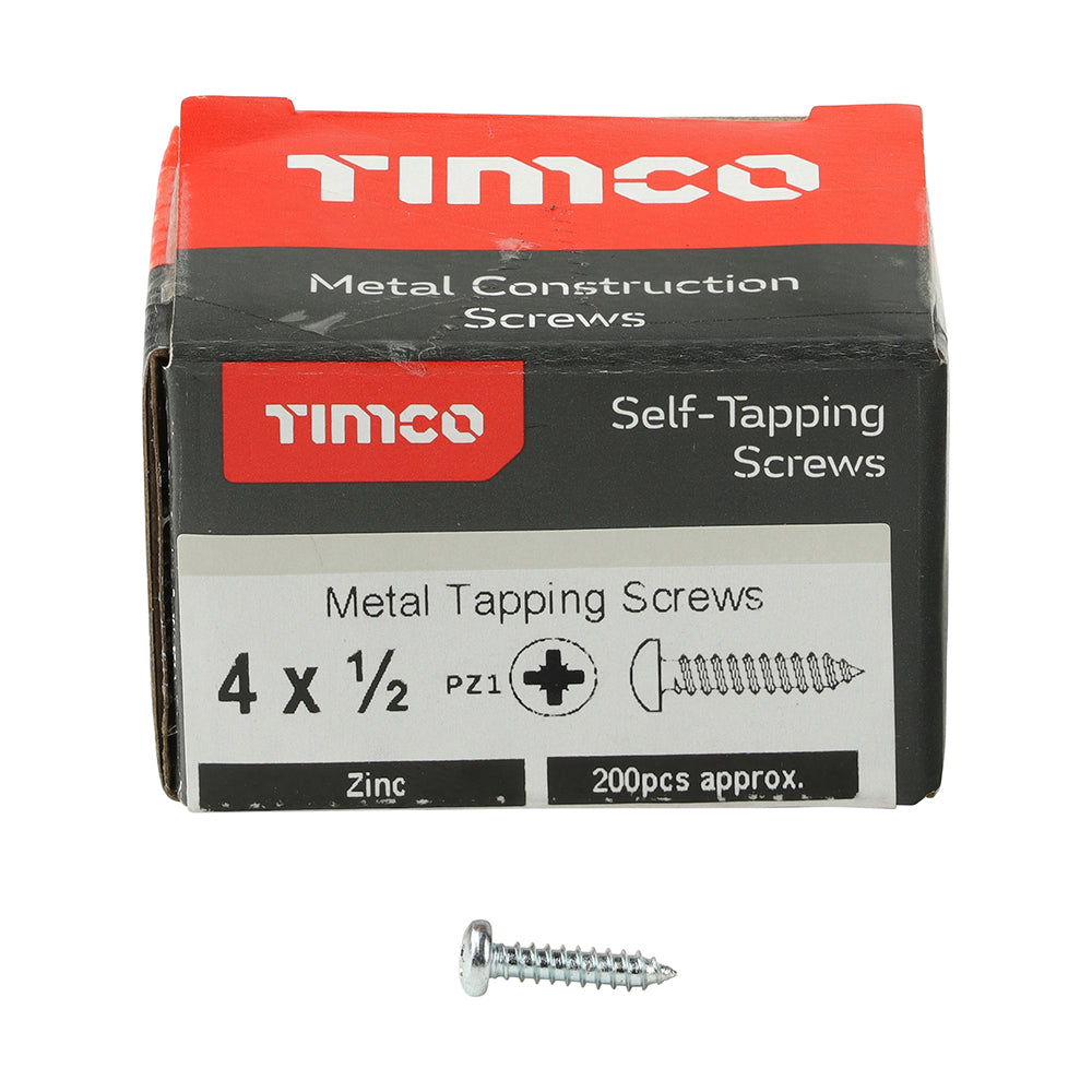 This is an image showing TIMCO Self-Tapping Screws - PZ - Pan - Zinc - 4 x 1/2 - 200 Pieces Box available from T.H Wiggans Ironmongery in Kendal, quick delivery at discounted prices.