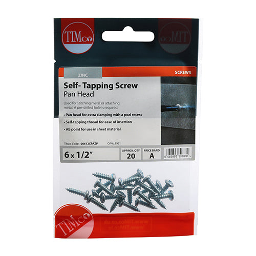 This is an image showing TIMCO Self-Tapping Screws - PZ - Pan - Zinc - 6 x 1/2 - 20 Pieces TIMpac available from T.H Wiggans Ironmongery in Kendal, quick delivery at discounted prices.