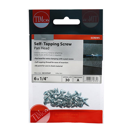 This is an image showing TIMCO Self-Tapping Screws - PZ - Pan - Zinc - 6 x 1/4 - 30 Pieces TIMpac available from T.H Wiggans Ironmongery in Kendal, quick delivery at discounted prices.