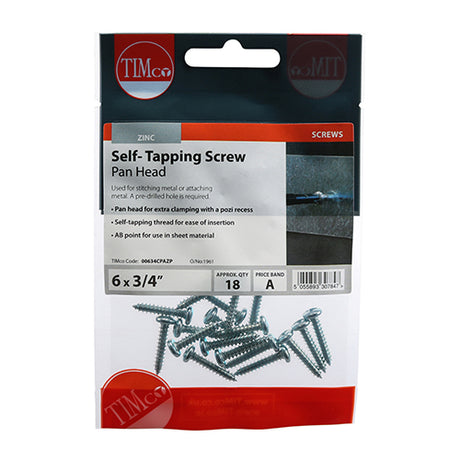 This is an image showing TIMCO Self-Tapping Screws - PZ - Pan - Zinc - 6 x 3/4 - 18 Pieces TIMpac available from T.H Wiggans Ironmongery in Kendal, quick delivery at discounted prices.