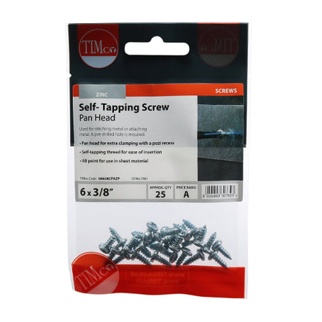 This is an image showing TIMCO Self-Tapping Screws - PZ - Pan - Zinc - 6 x 3/8 - 25 Pieces TIMpac available from T.H Wiggans Ironmongery in Kendal, quick delivery at discounted prices.