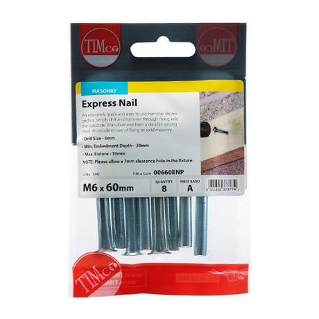 This is an image showing TIMCO Express Nails - Zinc - 6.0 x 60 - 8 Pieces TIMpac available from T.H Wiggans Ironmongery in Kendal, quick delivery at discounted prices.