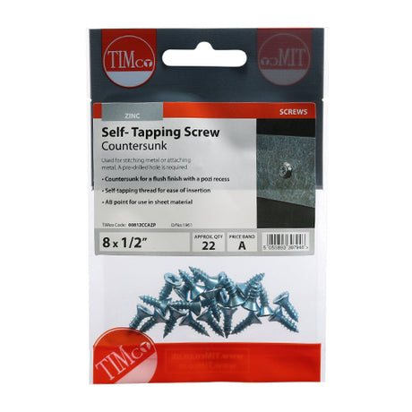 This is an image showing TIMCO Self-Tapping Screws - PZ - Countersunk - Zinc - 8 x 1/2 - 22 Pieces TIMpac available from T.H Wiggans Ironmongery in Kendal, quick delivery at discounted prices.