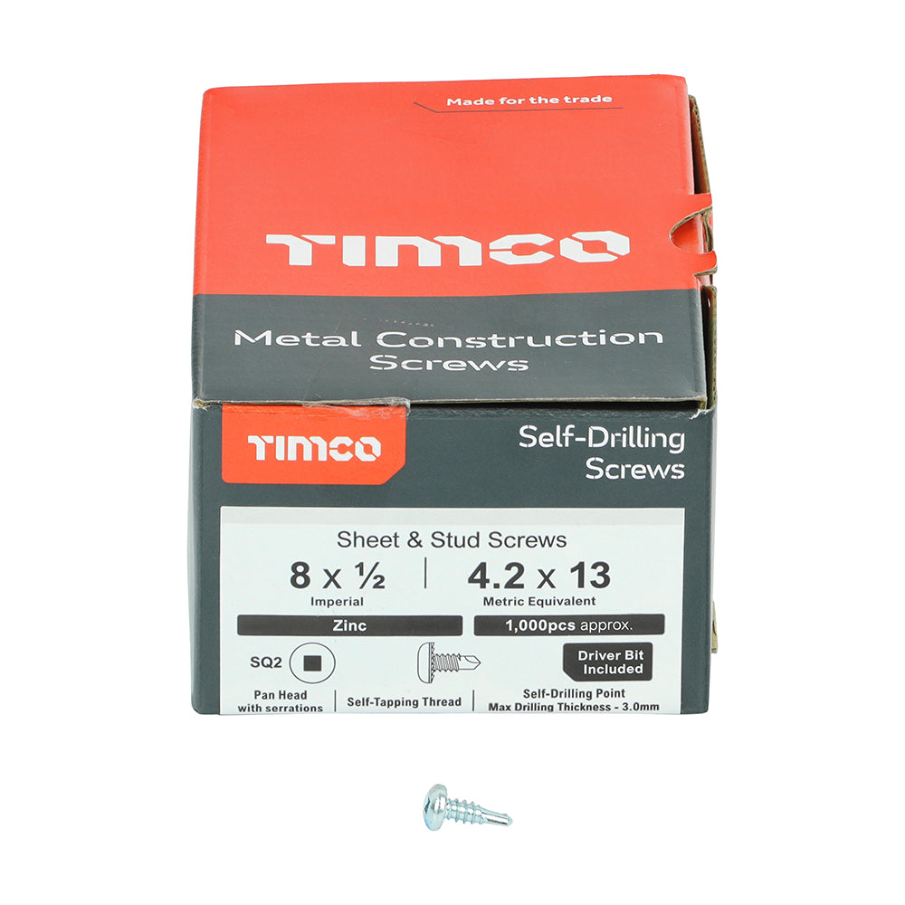 This is an image showing TIMCO Metal Construction Sheet & Stud Screws - SQ - Pan - Self-Drilling - Zinc - 8 x 1/2 - 1000 Pieces Box available from T.H Wiggans Ironmongery in Kendal, quick delivery at discounted prices.