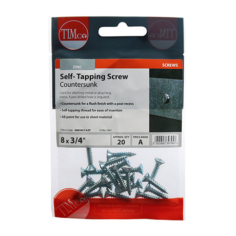 This is an image showing TIMCO Self-Tapping Screws - PZ - Countersunk - Zinc - 8 x 3/4 - 20 Pieces TIMpac available from T.H Wiggans Ironmongery in Kendal, quick delivery at discounted prices.