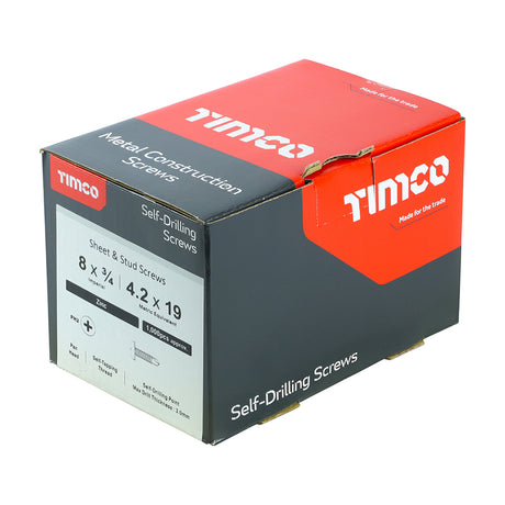 This is an image showing TIMCO Metal Construction Sheet & Stud Screws - PH - Pan - Self-Drilling - Zinc - 8 x 3/4 - 1000 Pieces Box available from T.H Wiggans Ironmongery in Kendal, quick delivery at discounted prices.