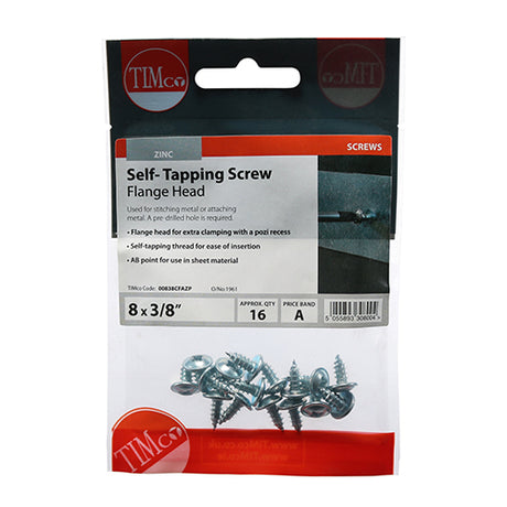 This is an image showing TIMCO Self-Tapping Screws - PZ - Flange Head - Zinc - 8 x 3/8 - 16 Pieces TIMpac available from T.H Wiggans Ironmongery in Kendal, quick delivery at discounted prices.