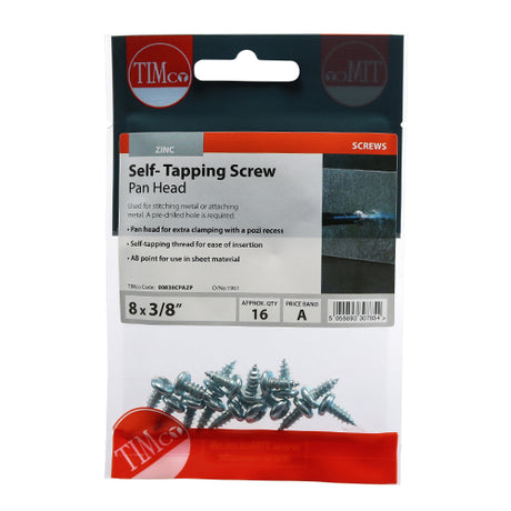 This is an image showing TIMCO Self-Tapping Screws - PZ - Pan - Zinc - 8 x 3/8 - 16 Pieces TIMpac available from T.H Wiggans Ironmongery in Kendal, quick delivery at discounted prices.