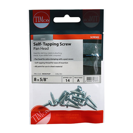 This is an image showing TIMCO Self-Tapping Screws - PZ - Pan - Zinc - 8 x 5/8 - 14 Pieces TIMpac available from T.H Wiggans Ironmongery in Kendal, quick delivery at discounted prices.