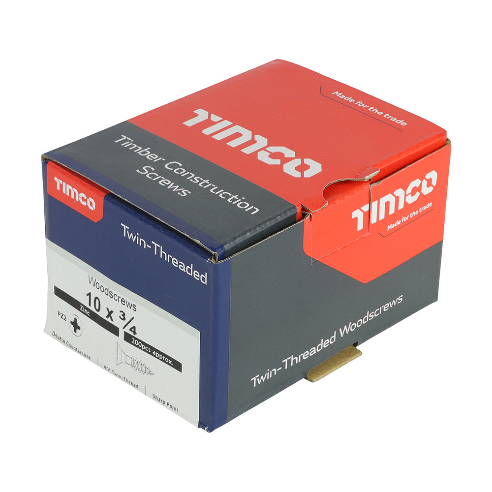 This is an image showing TIMCO Twin-Threaded Woodscrews - PZ - Double Countersunk - Zinc - 10 x 3/4 - 200 Pieces Box available from T.H Wiggans Ironmongery in Kendal, quick delivery at discounted prices.