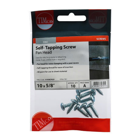 This is an image showing TIMCO Self-Tapping Screws - PZ - Pan - Zinc - 10 x 5/8 - 10 Pieces TIMpac available from T.H Wiggans Ironmongery in Kendal, quick delivery at discounted prices.