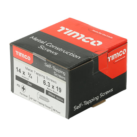 This is an image showing TIMCO Metal Tapping Screws - PZ - Pan - Self-Tapping - Zinc - 14 x 3/4 - 200 Pieces Box available from T.H Wiggans Ironmongery in Kendal, quick delivery at discounted prices.