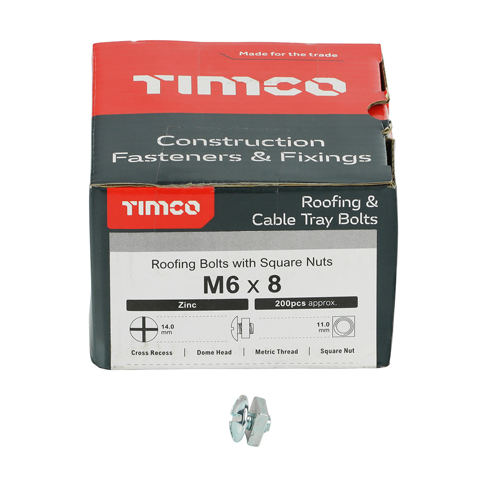 This is an image showing TIMCO Roofing Bolts with Square Nuts - Zinc - M6 x 8 - 200 Pieces Box available from T.H Wiggans Ironmongery in Kendal, quick delivery at discounted prices.