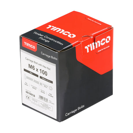 This is an image showing TIMCO Carriage Bolts & Hex Nuts - Zinc - M6 x 100 - 100 Pieces Box available from T.H Wiggans Ironmongery in Kendal, quick delivery at discounted prices.
