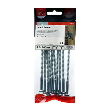 This is an image showing TIMCO Coach Screws - Hex - Zinc - 6.0 x 100 - 10 Pieces TIMpac available from T.H Wiggans Ironmongery in Kendal, quick delivery at discounted prices.