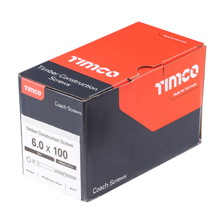 This is an image showing TIMCO Coach Screws - Hex - Zinc - 6.0 x 100 - 200 Pieces Box available from T.H Wiggans Ironmongery in Kendal, quick delivery at discounted prices.