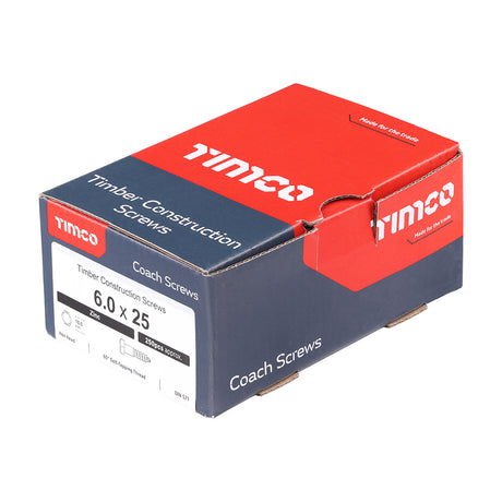This is an image showing TIMCO Coach Screws - Hex - Zinc - 6.0 x 25 - 250 Pieces Box available from T.H Wiggans Ironmongery in Kendal, quick delivery at discounted prices.