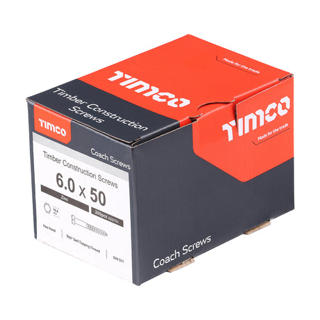 This is an image showing TIMCO Coach Screws - Hex - Zinc - 6.0 x 50 - 200 Pieces Box available from T.H Wiggans Ironmongery in Kendal, quick delivery at discounted prices.