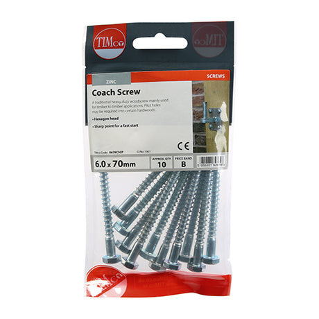 This is an image showing TIMCO Coach Screws - Hex - Zinc - 6.0 x 70 - 10 Pieces TIMpac available from T.H Wiggans Ironmongery in Kendal, quick delivery at discounted prices.