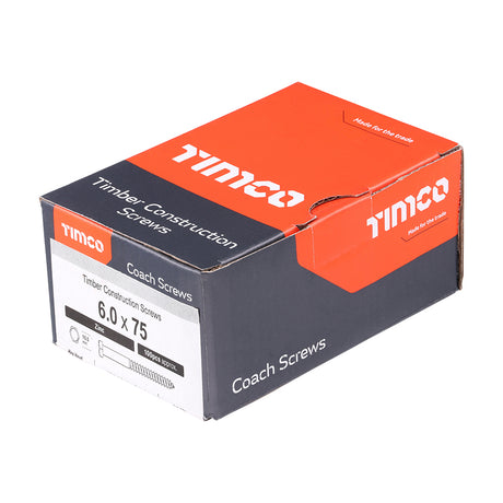 This is an image showing TIMCO Coach Screws - Hex - Zinc - 6.0 x 75 - 100 Pieces Box available from T.H Wiggans Ironmongery in Kendal, quick delivery at discounted prices.