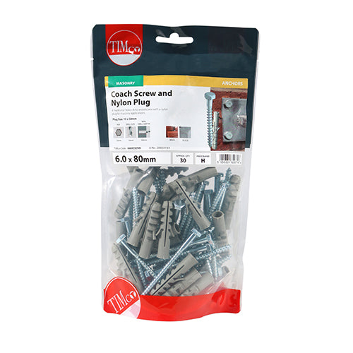 This is an image showing TIMCO Coach Screws & Nylon Plugs - Zinc - 6.0 x 80 - 30 Pieces TIMbag available from T.H Wiggans Ironmongery in Kendal, quick delivery at discounted prices.