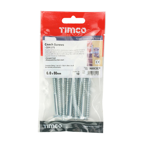This is an image showing TIMCO Coach Screws - Hex - Zinc - 6.0 x 80 - 10 Pieces TIMpac available from T.H Wiggans Ironmongery in Kendal, quick delivery at discounted prices.