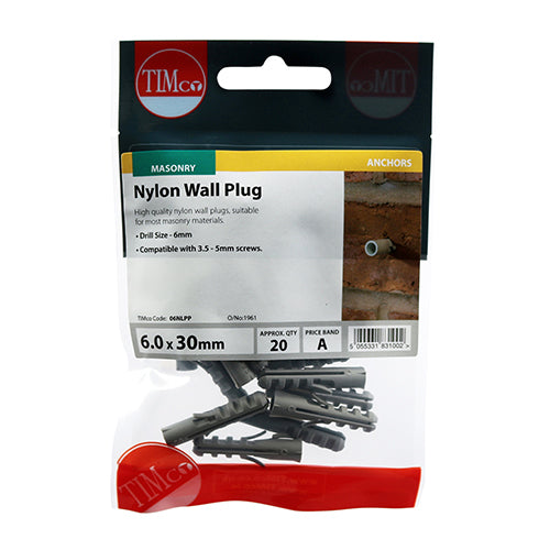This is an image showing TIMCO Nylon Plugs - 6.0 x 30 - 20 Pieces TIMpac available from T.H Wiggans Ironmongery in Kendal, quick delivery at discounted prices.