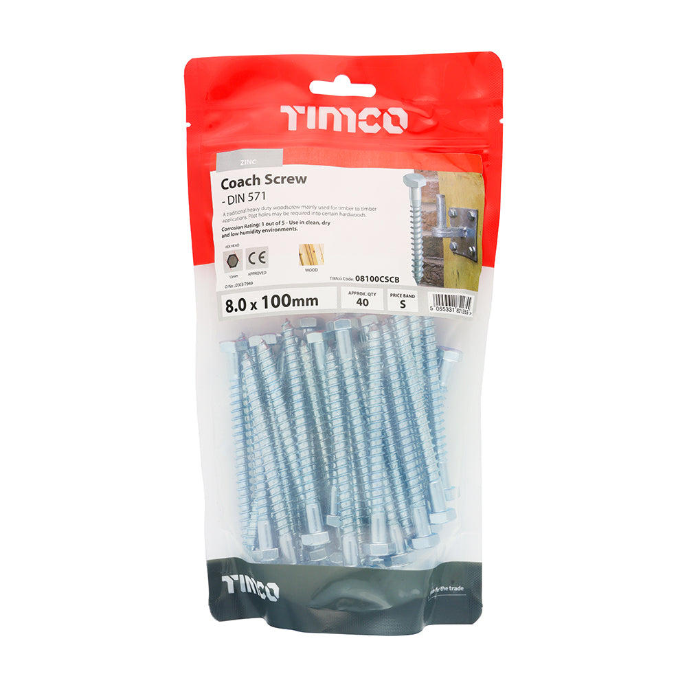 This is an image showing TIMCO Coach Screws - Hex - Zinc - 8.0 x 100 - 40 Pieces TIMbag available from T.H Wiggans Ironmongery in Kendal, quick delivery at discounted prices.