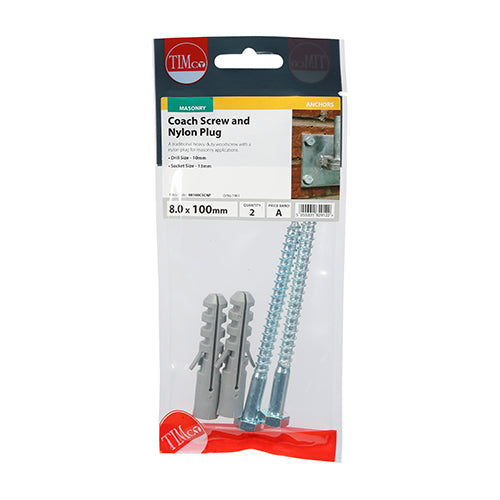 This is an image showing TIMCO Coach Screw & Nylon Plugs - Zinc - 8.0 x 100 - 2 Pieces TIMpac available from T.H Wiggans Ironmongery in Kendal, quick delivery at discounted prices.