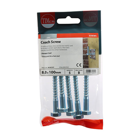 This is an image showing TIMCO Coach Screws - Hex - Zinc - 8.0 x 100 - 5 Pieces TIMpac available from T.H Wiggans Ironmongery in Kendal, quick delivery at discounted prices.