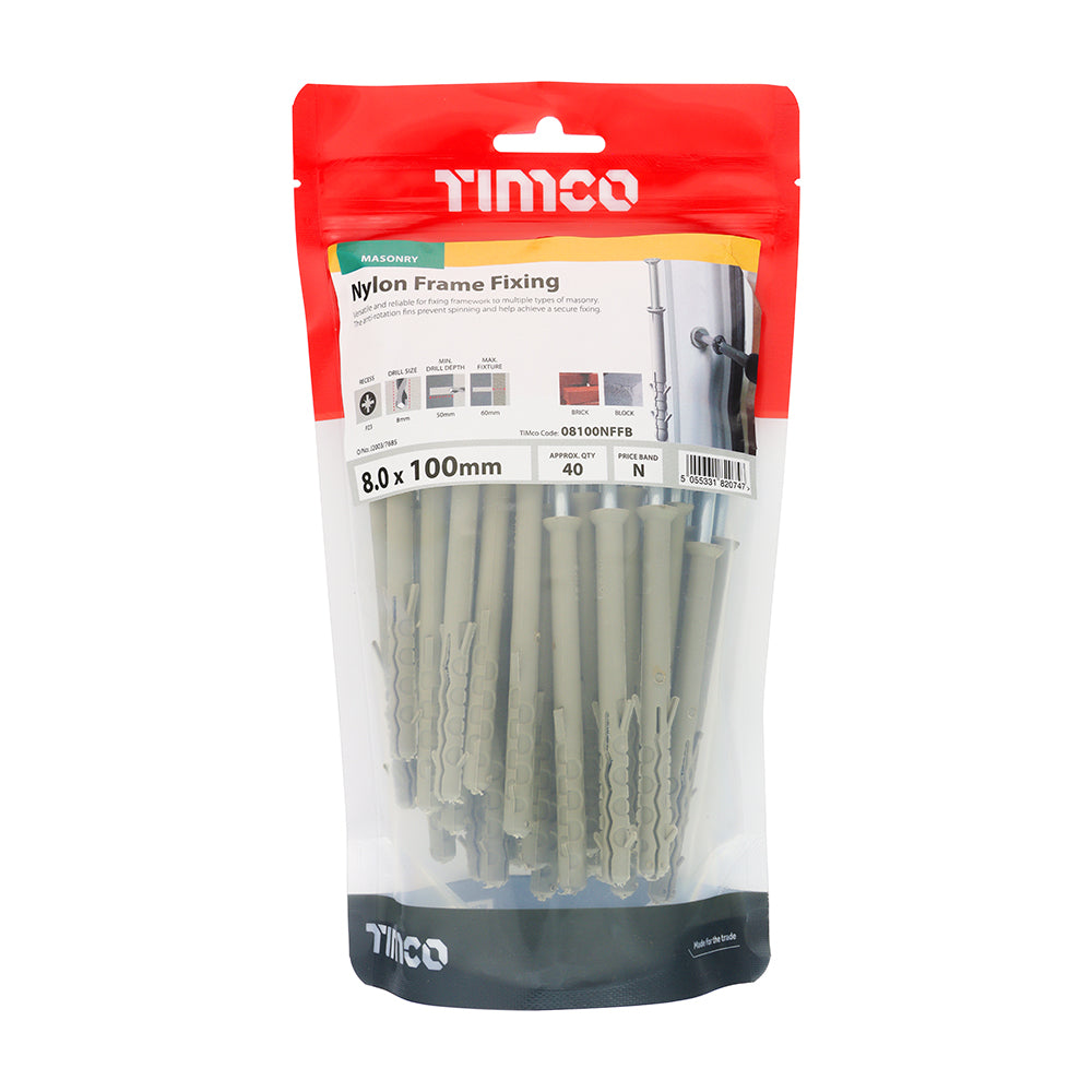 This is an image showing TIMCO Nylon Frame Fixings - PZ - Zinc - 8.0 x 100 - 40 Pieces TIMbag available from T.H Wiggans Ironmongery in Kendal, quick delivery at discounted prices.