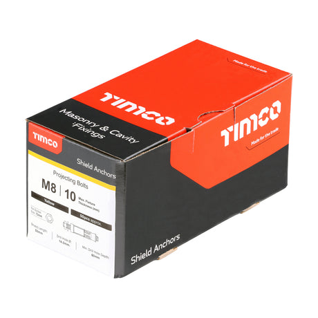 This is an image showing TIMCO Shield Anchor - Projecting Bolts - Yellow - M8:10P (M8 x 70) - 50 Pieces Box available from T.H Wiggans Ironmongery in Kendal, quick delivery at discounted prices.