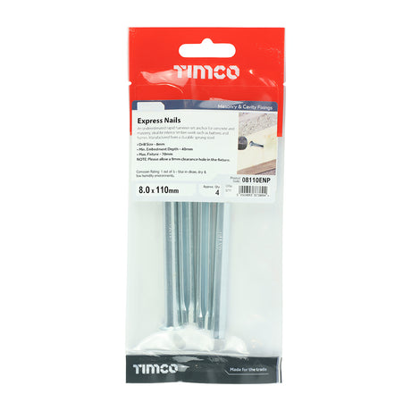 This is an image showing TIMCO Express Nails - Zinc - 8.0 x 110 - 4 Pieces TIMpac available from T.H Wiggans Ironmongery in Kendal, quick delivery at discounted prices.