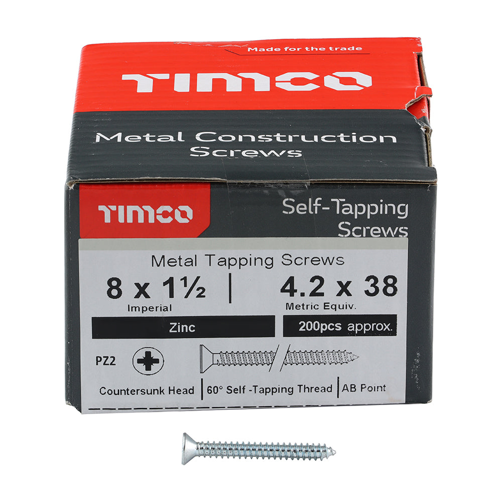 This is an image showing TIMCO Self-Tapping Screws - PZ - Countersunk - Zinc - 8 x 1 1/2 - 200 Pieces Box available from T.H Wiggans Ironmongery in Kendal, quick delivery at discounted prices.