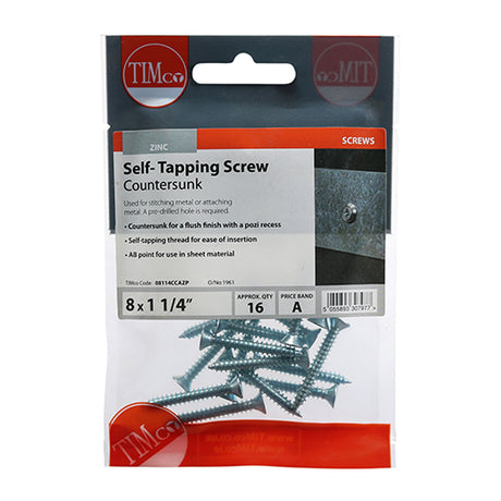 This is an image showing TIMCO Self-Tapping Screws - PZ - Countersunk - Zinc - 8 x 1 1/4 - 16 Pieces TIMpac available from T.H Wiggans Ironmongery in Kendal, quick delivery at discounted prices.