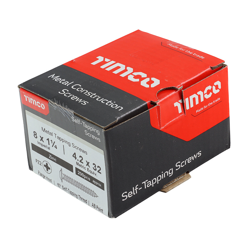 This is an image showing TIMCO Metal Tapping Screws - PZ - Flange - Self-Tapping - Zinc - 8 x 1 1/4 - 200 Pieces Box available from T.H Wiggans Ironmongery in Kendal, quick delivery at discounted prices.