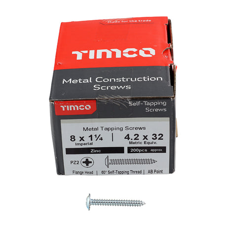 This is an image showing TIMCO Metal Tapping Screws - PZ - Flange - Self-Tapping - Zinc - 8 x 1 1/4 - 200 Pieces Box available from T.H Wiggans Ironmongery in Kendal, quick delivery at discounted prices.
