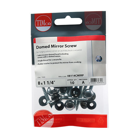 This is an image showing TIMCO Mirror Screws - Zinc - Chrome Dome - 8 x 1 1/4 - 10 Pieces TIMpac available from T.H Wiggans Ironmongery in Kendal, quick delivery at discounted prices.