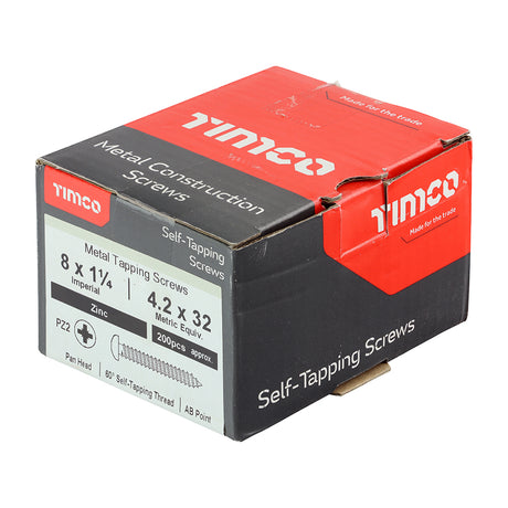 This is an image showing TIMCO Self-Tapping Screws - PZ - Pan - Zinc - 8 x 1 1/4 - 200 Pieces Box available from T.H Wiggans Ironmongery in Kendal, quick delivery at discounted prices.