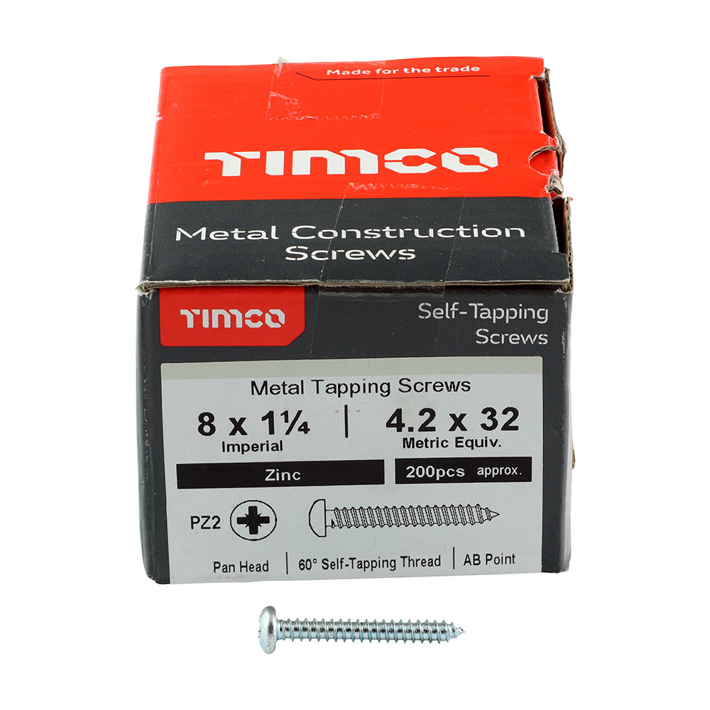 This is an image showing TIMCO Self-Tapping Screws - PZ - Pan - Zinc - 8 x 1 1/4 - 200 Pieces Box available from T.H Wiggans Ironmongery in Kendal, quick delivery at discounted prices.