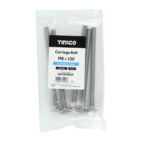 This is an image showing TIMCO Carriage Bolts - A2 Stainless Steel - M8 x 130 - 5 Pieces Bag available from T.H Wiggans Ironmongery in Kendal, quick delivery at discounted prices.