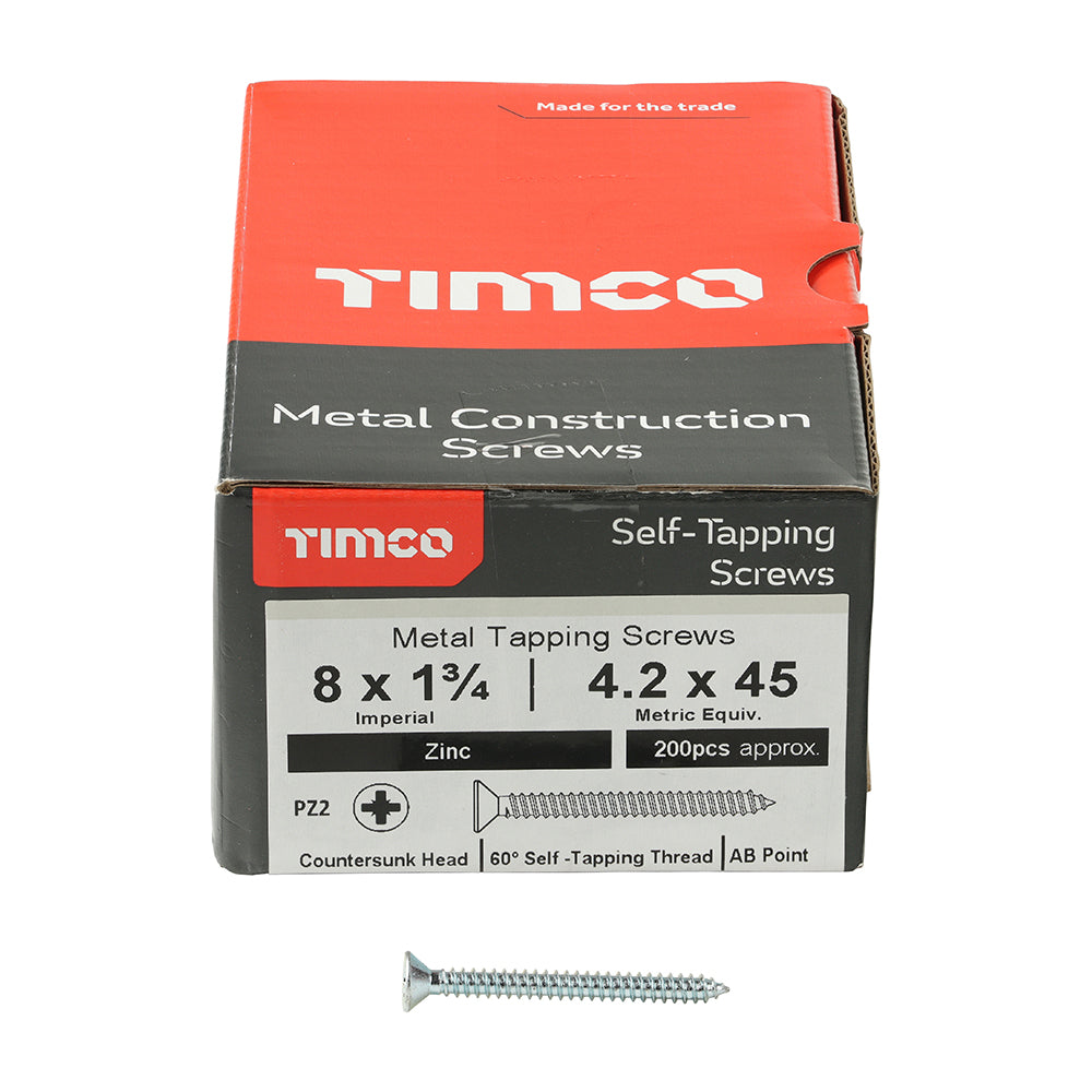 This is an image showing TIMCO Self-Tapping Screws - PZ - Countersunk - Zinc - 8 x 1 3/4 - 200 Pieces Box available from T.H Wiggans Ironmongery in Kendal, quick delivery at discounted prices.