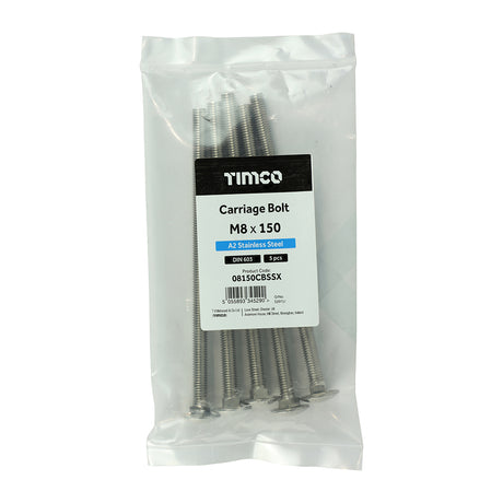 This is an image showing TIMCO Carriage Bolts - A2 Stainless Steel - M8 x 150 - 5 Pieces Bag available from T.H Wiggans Ironmongery in Kendal, quick delivery at discounted prices.