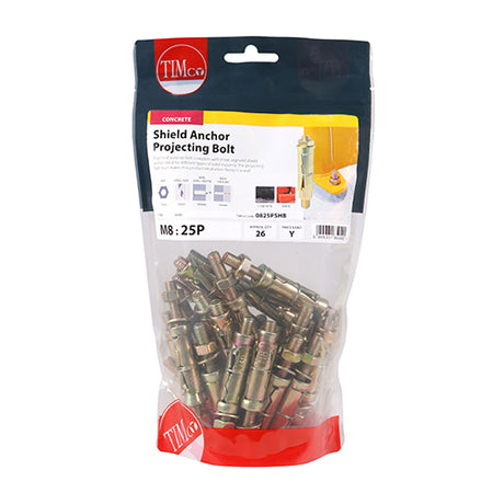 This is an image showing TIMCO Shield Anchor Projecting Bolts - Yellow - M8:25P (M8 x 70) - 26 Pieces TIMbag available from T.H Wiggans Ironmongery in Kendal, quick delivery at discounted prices.
