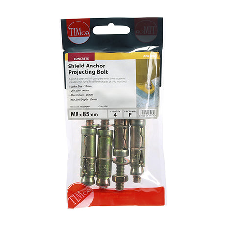 This is an image showing TIMCO Shield Anchor Projecting Bolts - Yellow - M8:25P (M8 x 85) - 4 Pieces TIMpac available from T.H Wiggans Ironmongery in Kendal, quick delivery at discounted prices.