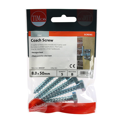 This is an image showing TIMCO Coach Screws - Hex - Zinc - 8.0 x 50 - 5 Pieces TIMpac available from T.H Wiggans Ironmongery in Kendal, quick delivery at discounted prices.