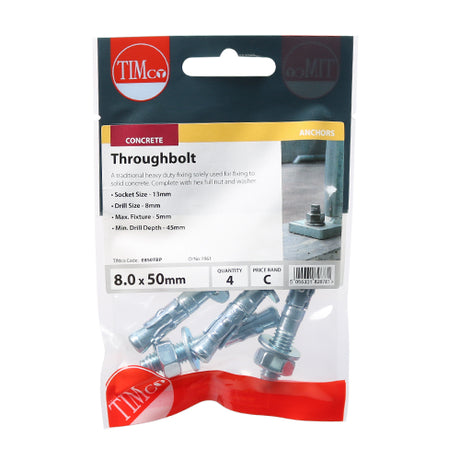 This is an image showing TIMCO Throughbolts - Zinc - M8 x 50 - 4 Pieces TIMpac available from T.H Wiggans Ironmongery in Kendal, quick delivery at discounted prices.