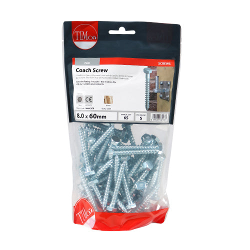 This is an image showing TIMCO Coach Screws - Hex - Zinc - 8.0 x 60 - 65 Pieces TIMbag available from T.H Wiggans Ironmongery in Kendal, quick delivery at discounted prices.